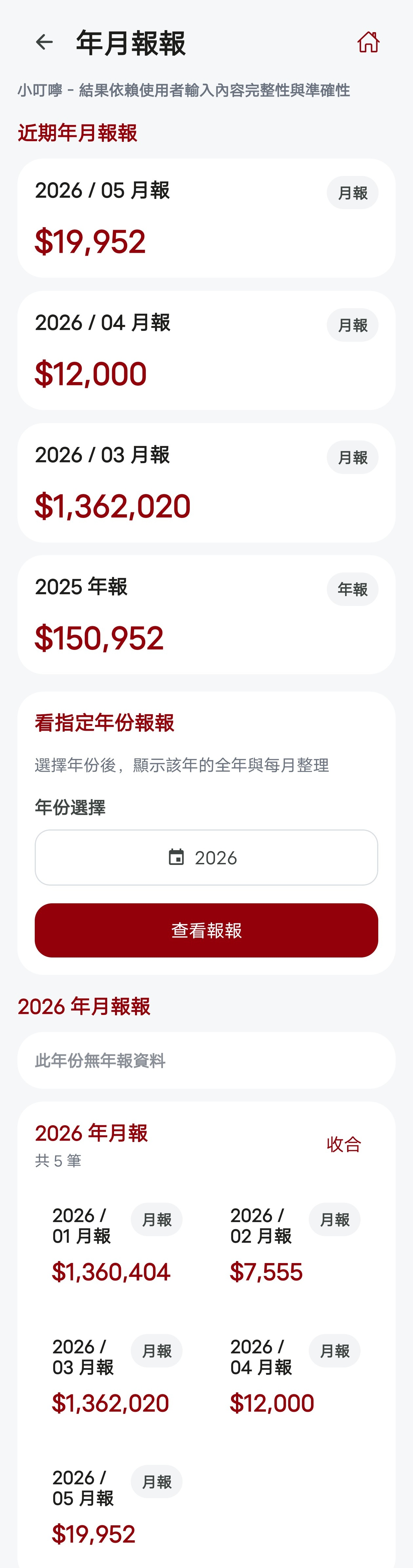 Little Boss App 年月報報頁